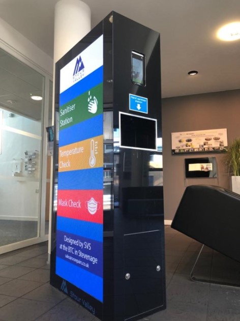 btc client Visual Technologies build hand sanitiser and health check machine, positioned in btc reception
